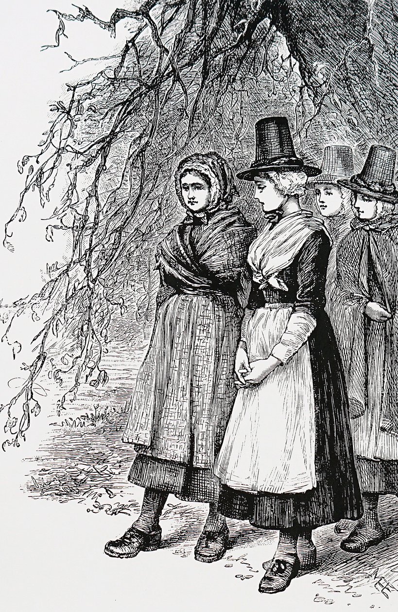 Walijskie dziewczyny na jarmarku w Hollantide, targach pracy, czekające na zaręczyny jako pomoc domowa autorstwa Mary Ellen Edwards