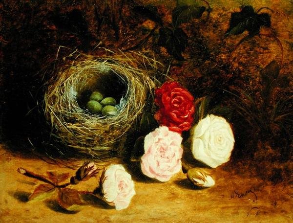 Martwa natura ptasie gniazdo i róże (olej na płótnie) autorstwa Mary Ensor