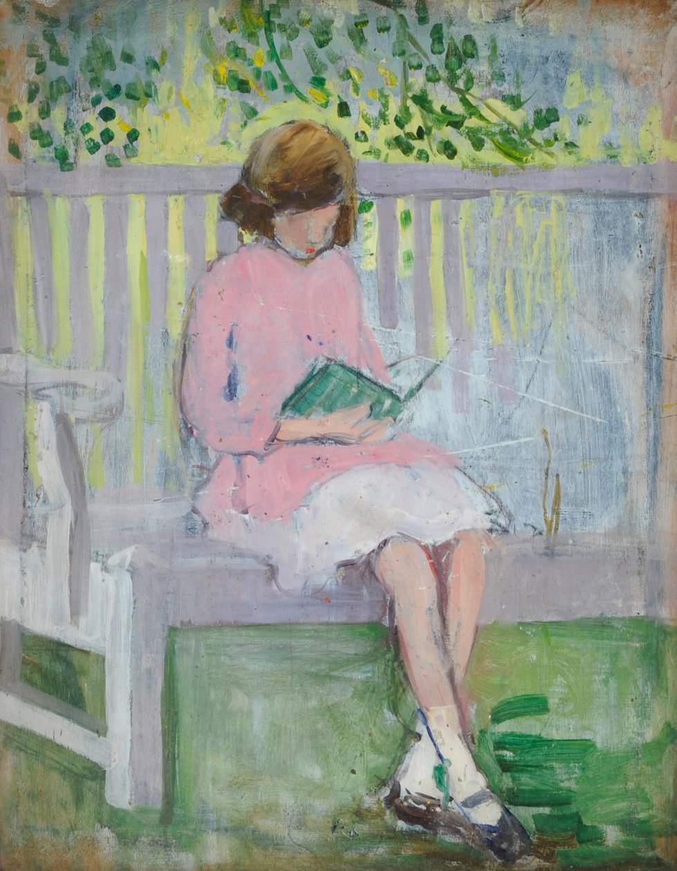 Dziewczyna czytająca (olej na drewnie) autorstwa Mary Ethel Hunter