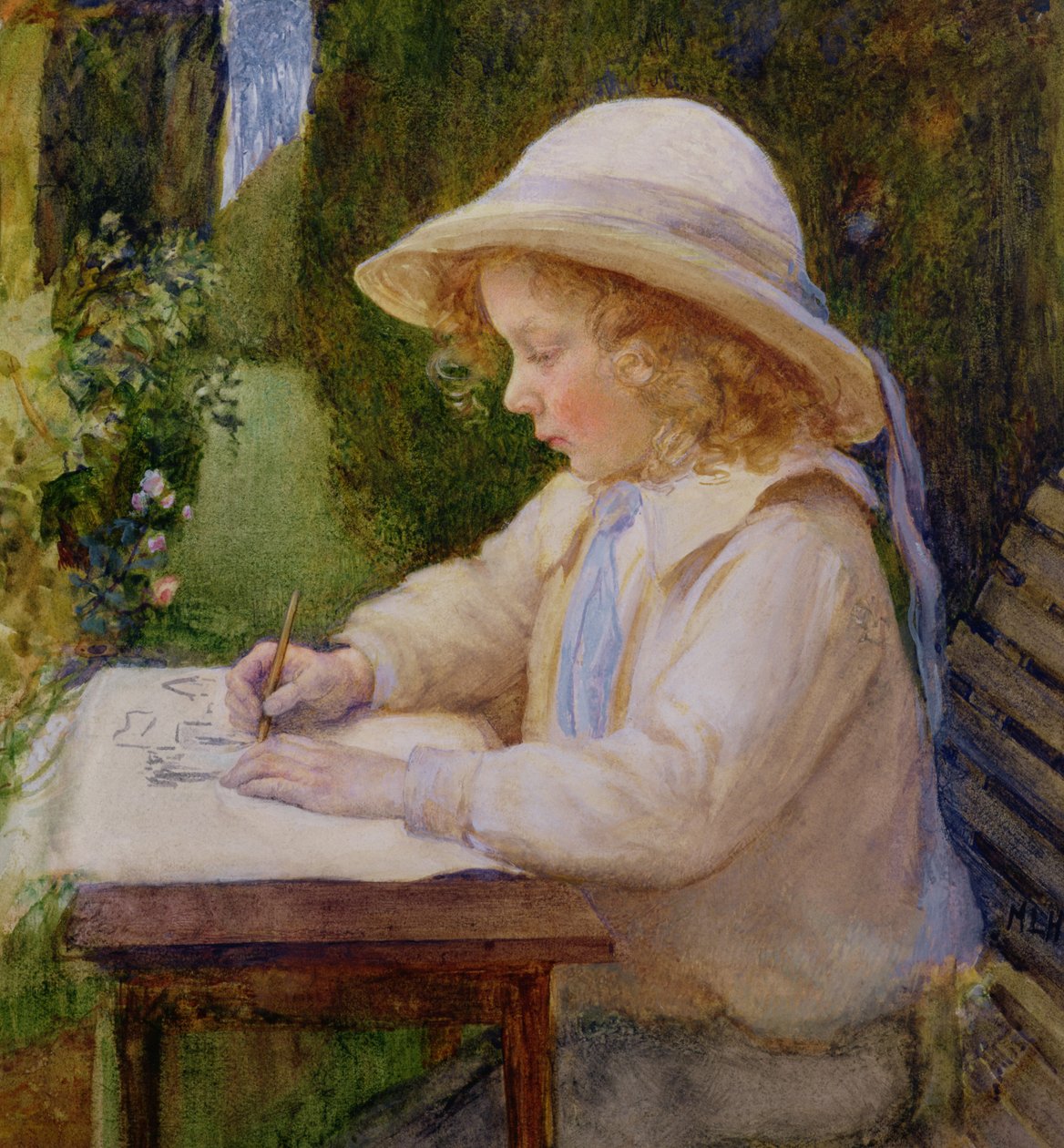 Dziewczyna rysująca na stole ogrodowym (studium) autorstwa Mary Harcourt