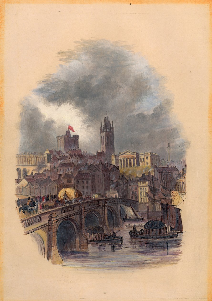 Most Old Tyne, Sala Moot, Katedra św. Mikołaja i zamek (atrament i toaleta na papierze) autorstwa Mary Jane Hancock
