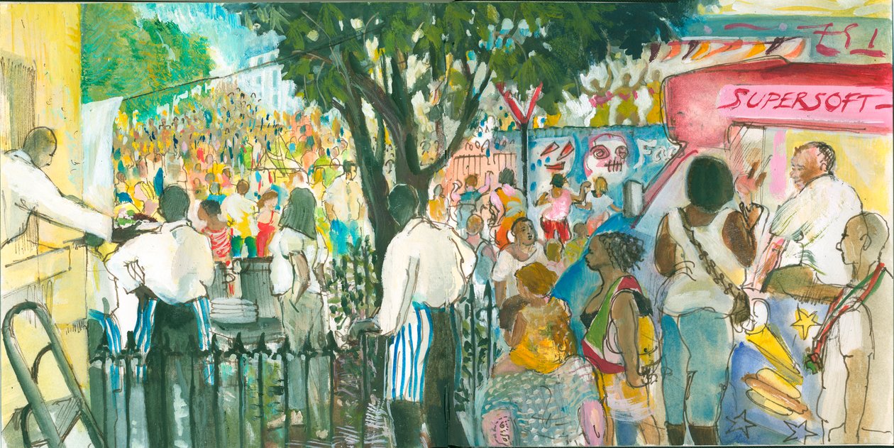Karnawał, Blenheim Crescent, 2007 (pióro i akwarela) autorstwa Mary Kuper