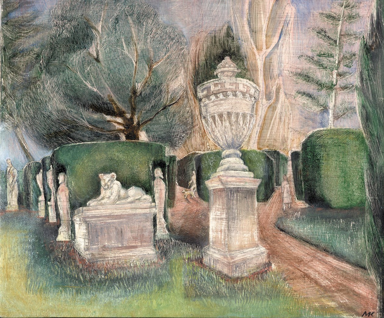 Chiswick House: Posągi, 2002 (olej na płycie) autorstwa Mary Kuper
