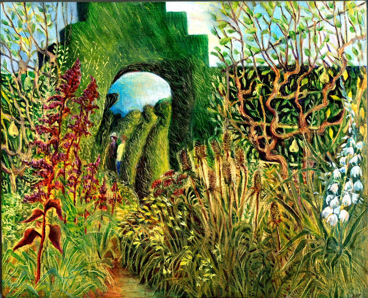 Great Dixter: Topiary i kwiaty, 2003 (olej na desce) autorstwa Mary Kuper