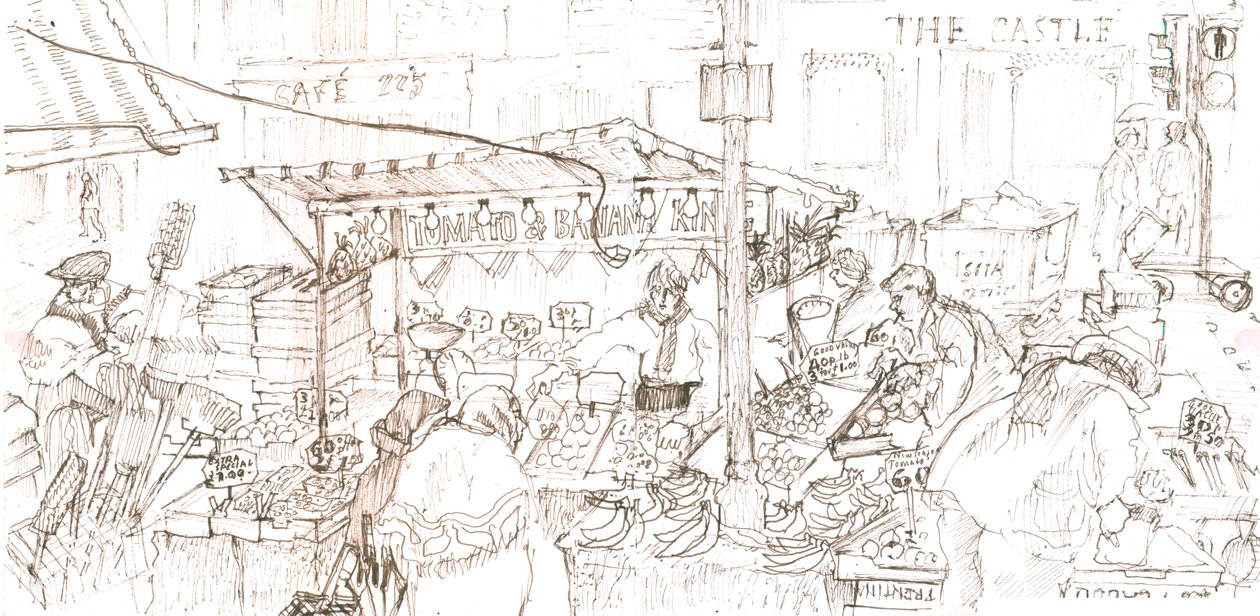 Rynek Portobello, 2006 (pióro i atrament) autorstwa Mary Kuper
