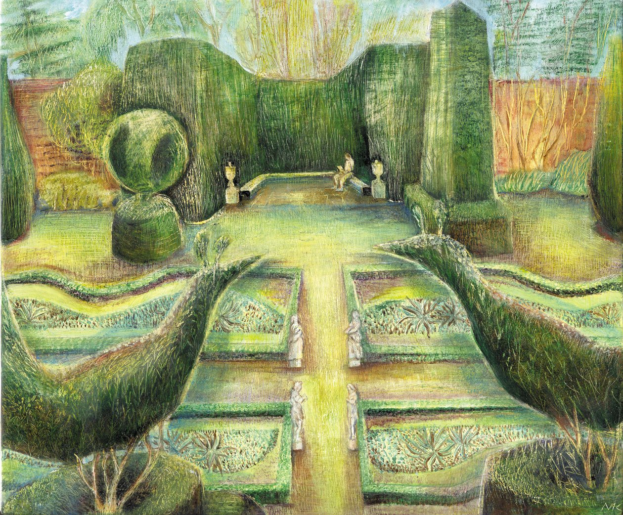 The Long Garden, Cliveden, ptaki, 2002 (olej na desce) autorstwa Mary Kuper