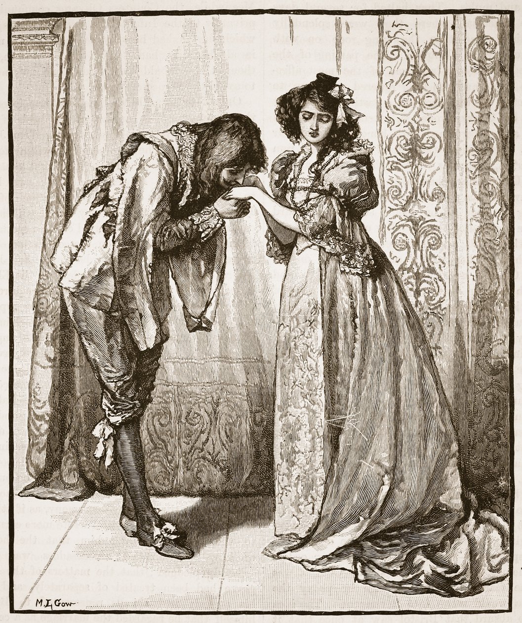 Pożegnanie księcia Karola z infantką, ilustracja z „Ilustrowanej historii Anglii Cassella” (zdjęcie w sepii) autorstwa Mary L. Gow