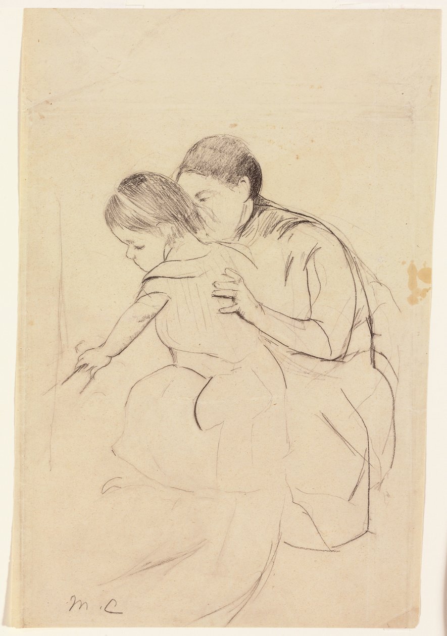 Dziecko z lewą ręką dotykające wanny, trzymane przez pielęgniarkę, c.1891 autorstwa Mary Cassatt