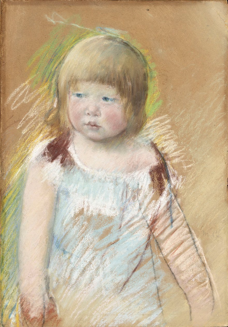 Dziecko z grzywką w niebieskiej sukience, ok. 1910 r. autorstwa Mary Cassatt