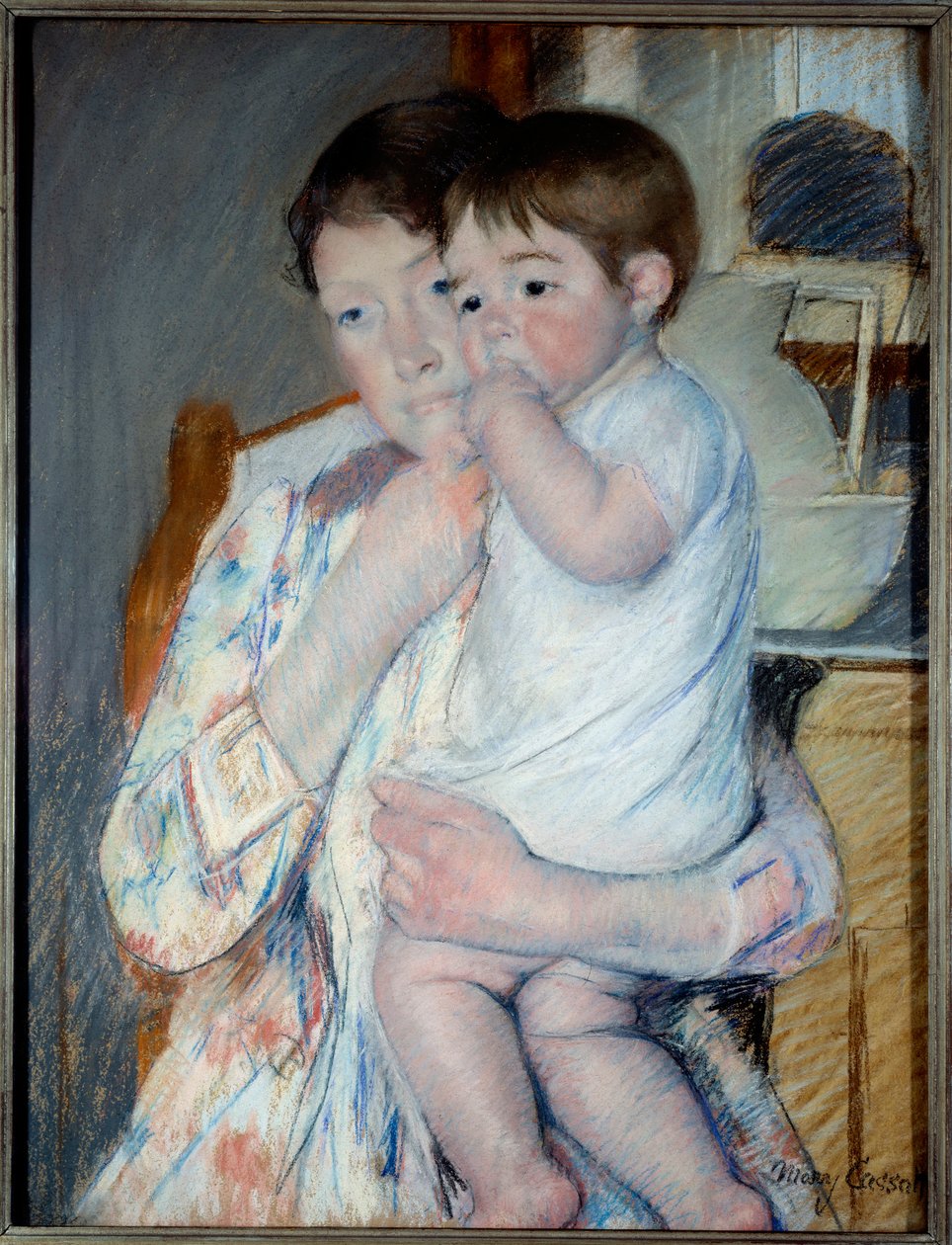 Kobieta i dziecko przed tabletem, na którym kładzie się dżem i miskę. Obraz Mary Cassatt (1844-1926) Ec. Jestem autorstwa Mary Stevenson Cassatt