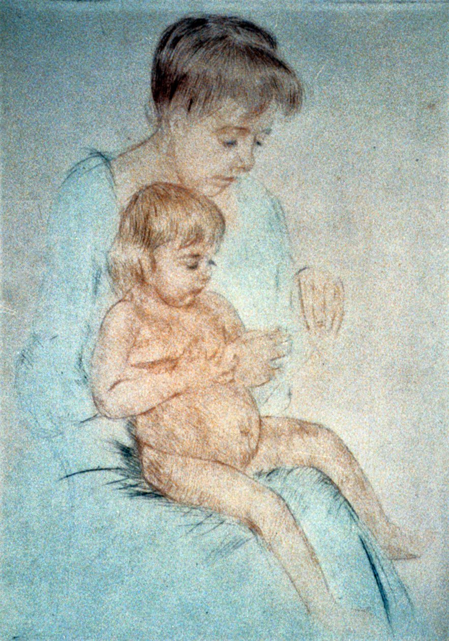 Kobieta trzymająca małe nagie dziecko na kolanach podczas manikiurowania paznokci, ok. 1904 r. Pastel. Mary Cassatt (1844-1926) amerykańska malarka i rytowniczka, która od 1866 mieszkała głównie we Francji. Domowa matka dziecka autorstwa Mary Stevenson Cassatt