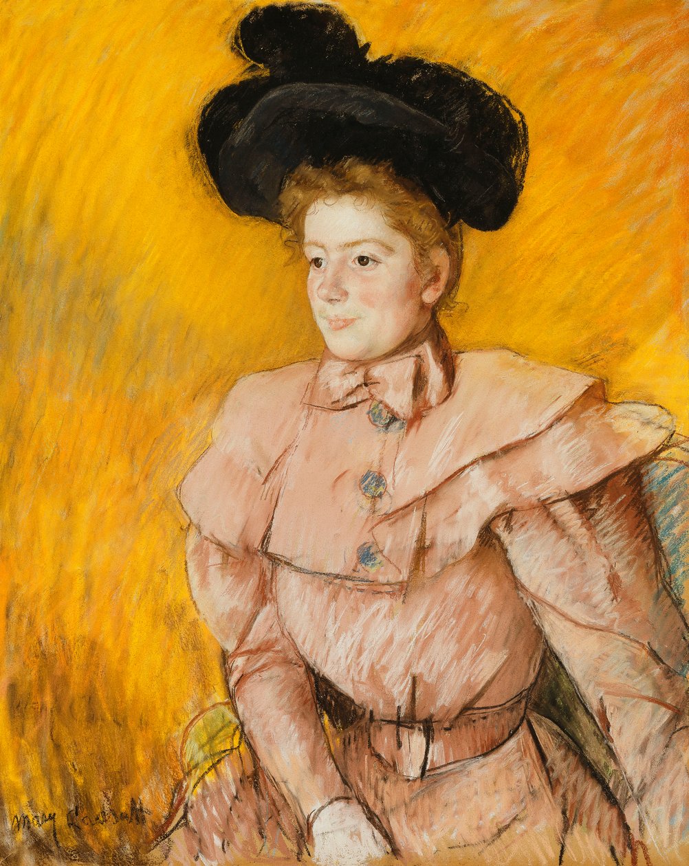 Kobieta w czarnym kapeluszu i stroju malinoworóżowym, ok.1899 r. autorstwa Mary Cassatt
