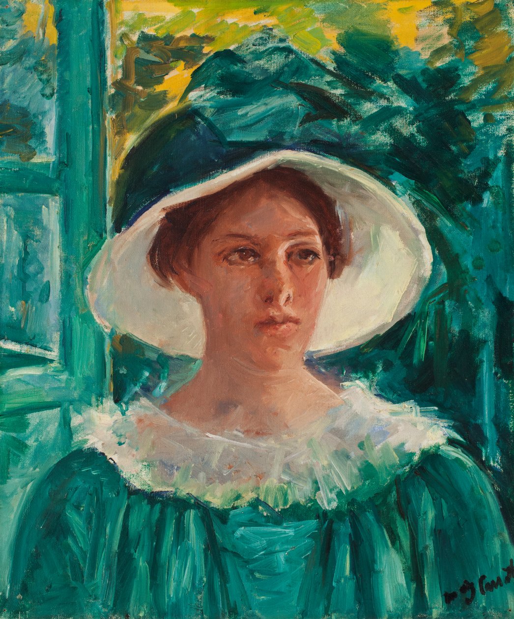 Młoda kobieta w zieleni, Na zewnątrz w słońcu (Głowa młodej kobiety), ok. 1914 (olej na płótnie) autorstwa Mary Stevenson Cassatt