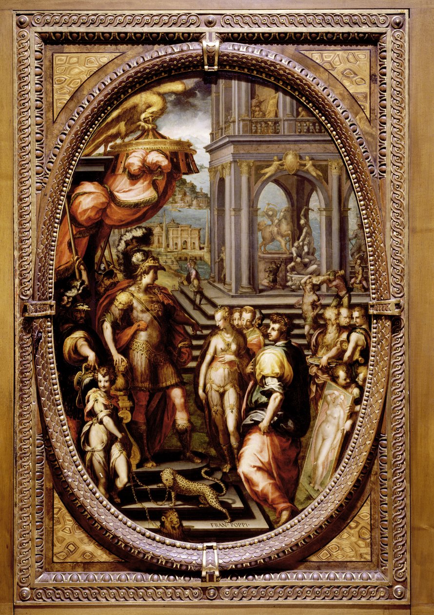 Aleksander Wielki dający Campaspe Apellesowi, 1572 (olej na łupku) autorstwa Maso da San Friano