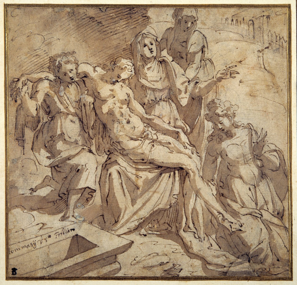 Pieta (pióro i brązowy tusz z brązowym rozmyciem na białym papierze) autorstwa Maso da San Friano
