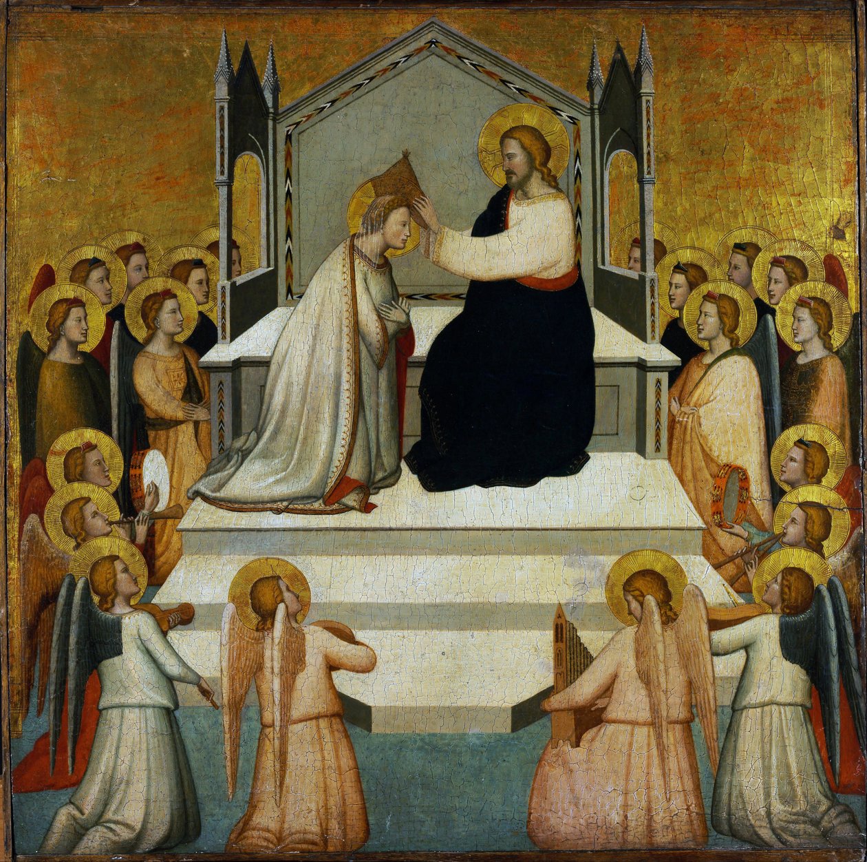 Koronacja Dziewicy - Koronacja Dziewicy - Maso di Banco (?-1348) - 1335-1340 - Tempera na panelu - 51,2x51,7 - Muzeum Szepmuveszeti, Budapeszt autorstwa Maso di Banco