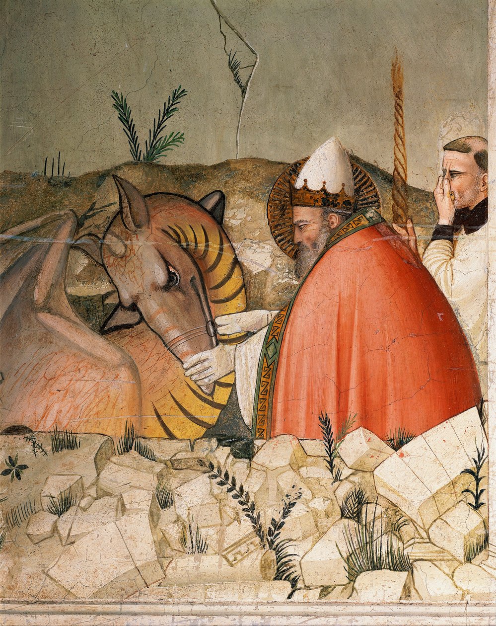 Epizody życia sylwestrowego: Papież Święty Sylwester I (Silvester lub Silvestro) (314-335) zamyka paszczę smoka. Szczegół. Fresk Maso di Banco (znany około 1341-1346) XIV-wieczna Florencja, Chiesa di Santa Croce, Cappella Bardi autorstwa Maso di Banco
