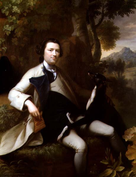 Francis Popham (zm.1780) siedzący w leśnym krajobrazie ze swoim chartem (olej na płótnie) autorstwa Mason Chamberlain