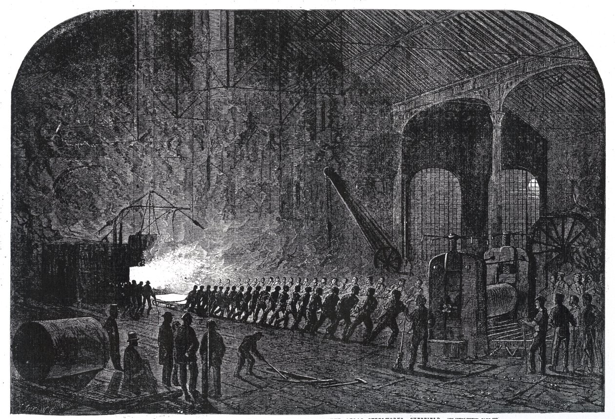 Proces toczenia płyt pancernych dla okrętów Jej Królewskiej Mości w hucie Alas w Sheffield, ilustracja z „The Illustrated London News”, 14 września 1861 autorstwa Mason Jackson