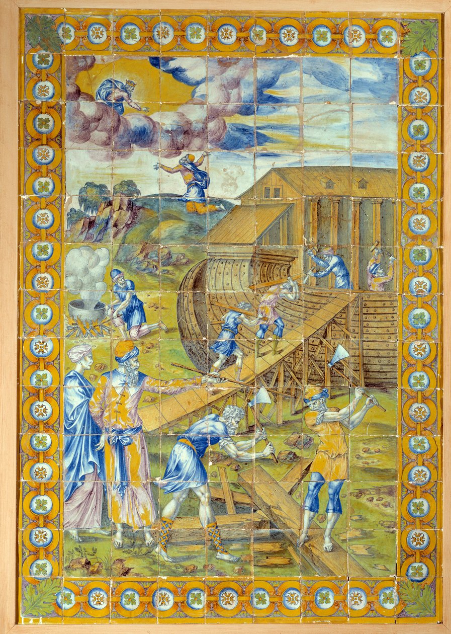Budowa Arki Noego. Lewy panel tryptyku przedstawiający 3 epizody potopu. Ceramika Masseota Abaquesne (znana około 1526-przed 1564) autorstwa Masseot Abaquesne