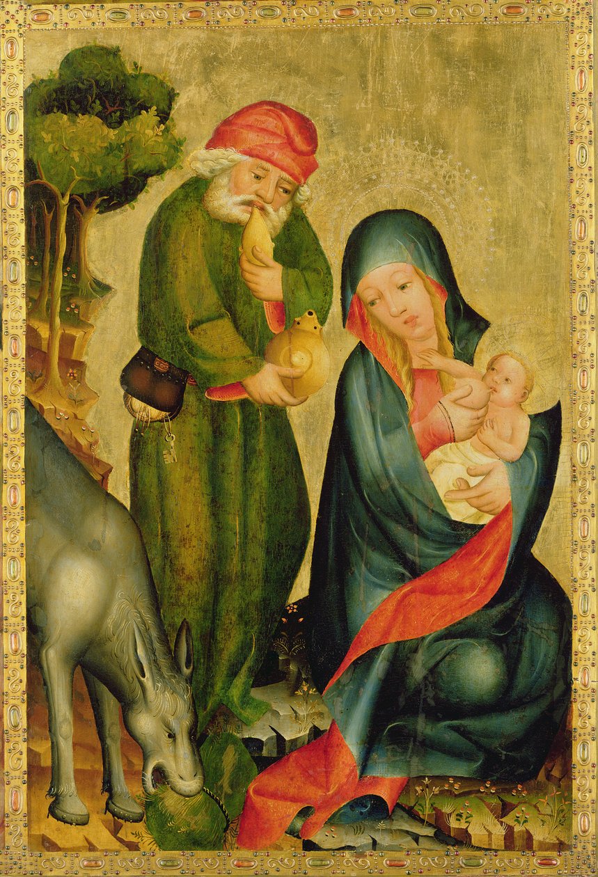 Odpoczynek w czasie podróży do Egiptu, detal z Ołtarza Grabowskiego, 1379-83 (tempera na płycie) autorstwa Master Bertram of Minden