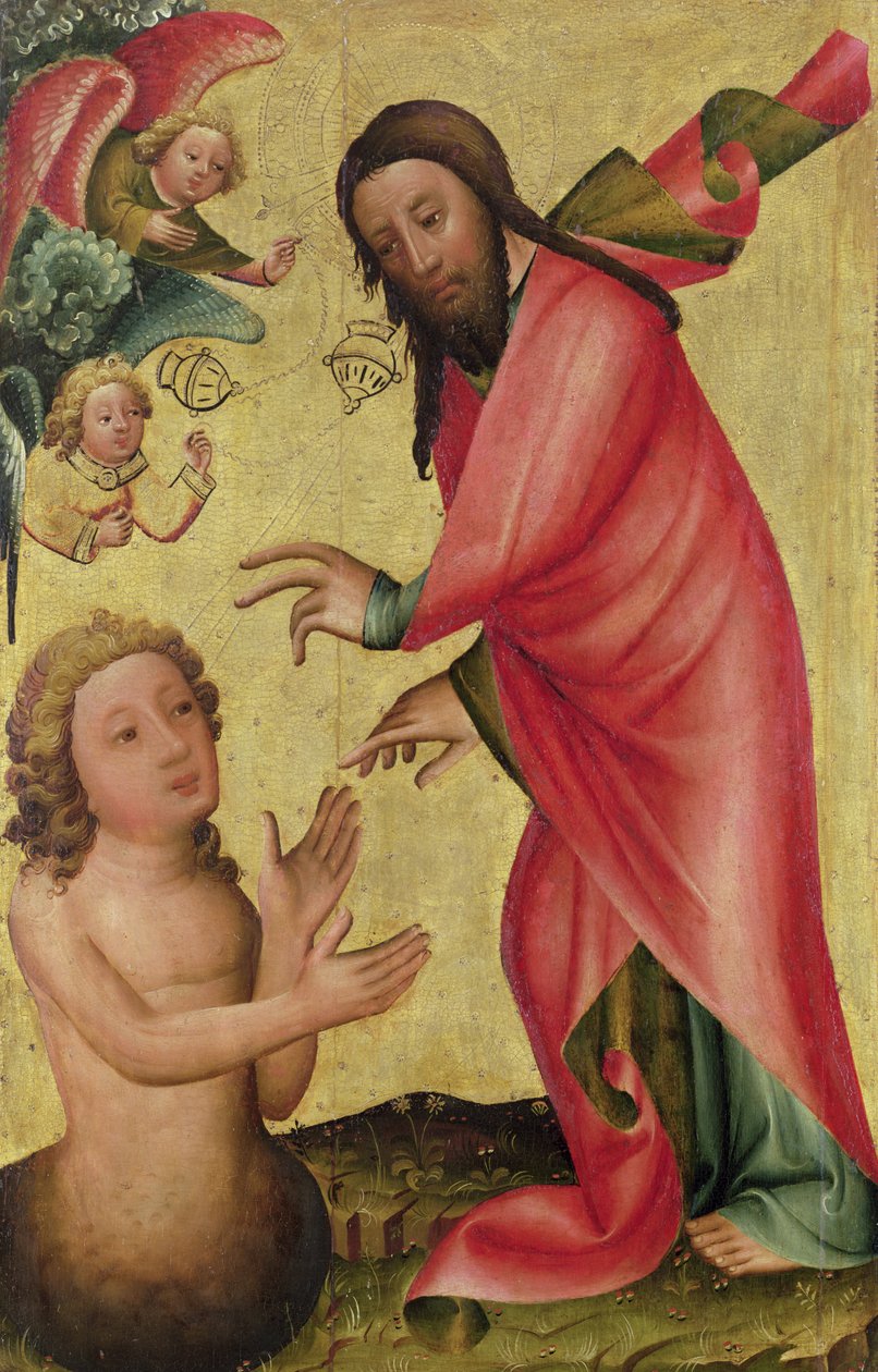 Stworzenie Adama, fragment z Ołtarza Grabowskiego, 1379-83 (tempera na desce) autorstwa Master Bertram of Minden