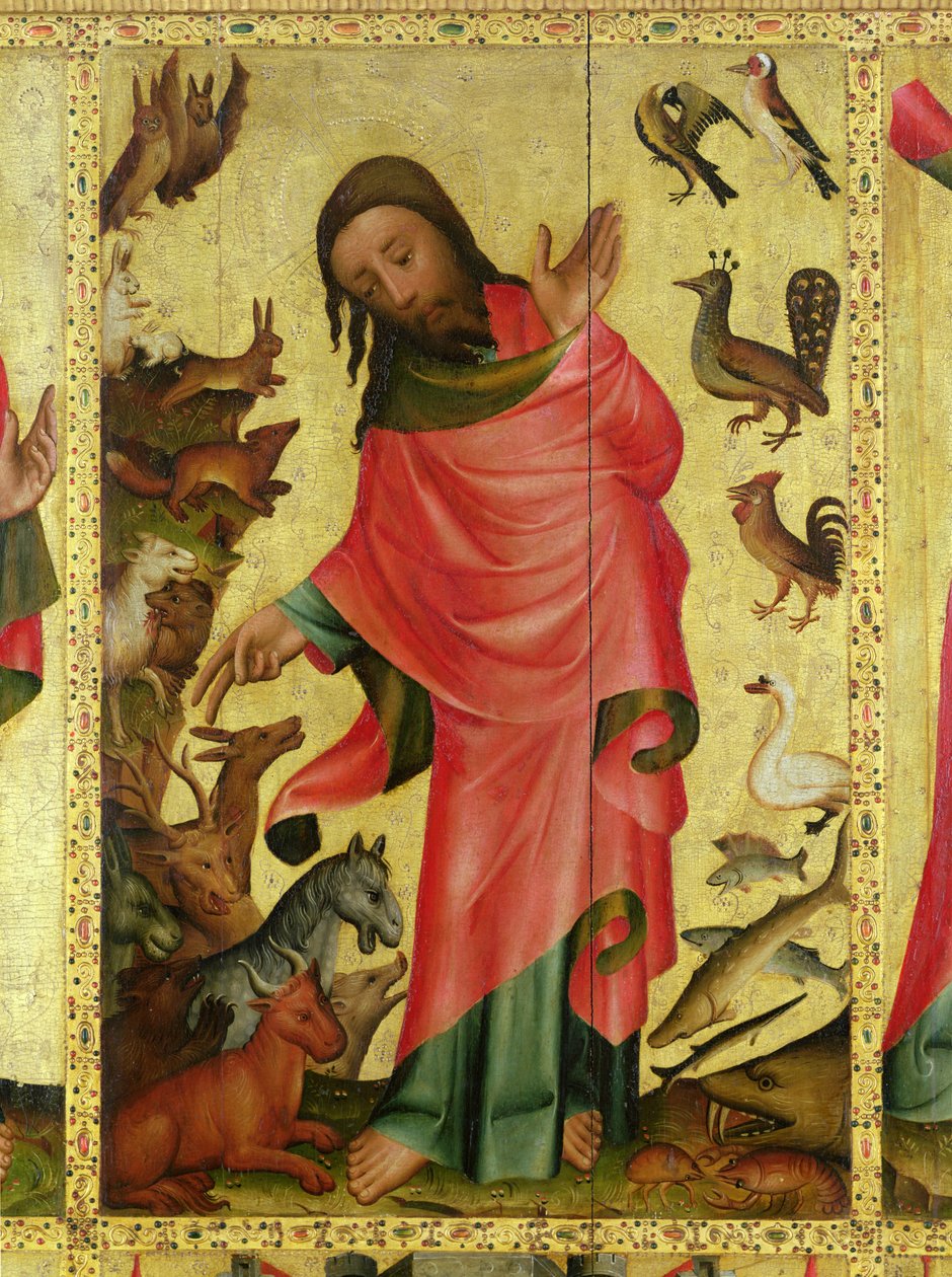 Stworzenie zwierząt, fragment z Ołtarza Grabowa, 1379-83 (tempera na panelu) autorstwa Master Bertram of Minden