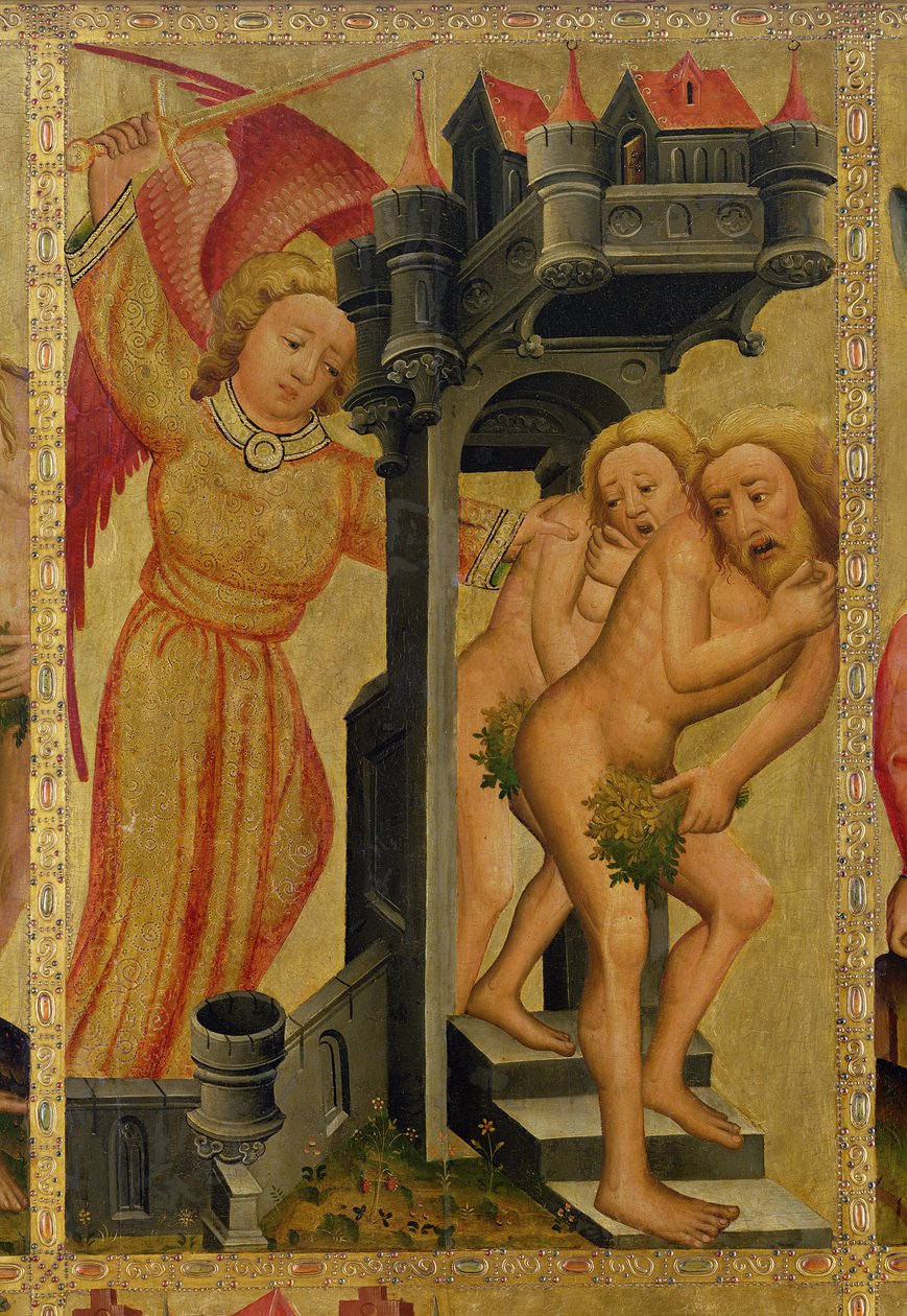 Wypędzenie z rajskiego ogrodu, fragment z Ołtarza Grabowa, 1379-83 (tempera na desce) autorstwa Master Bertram of Minden