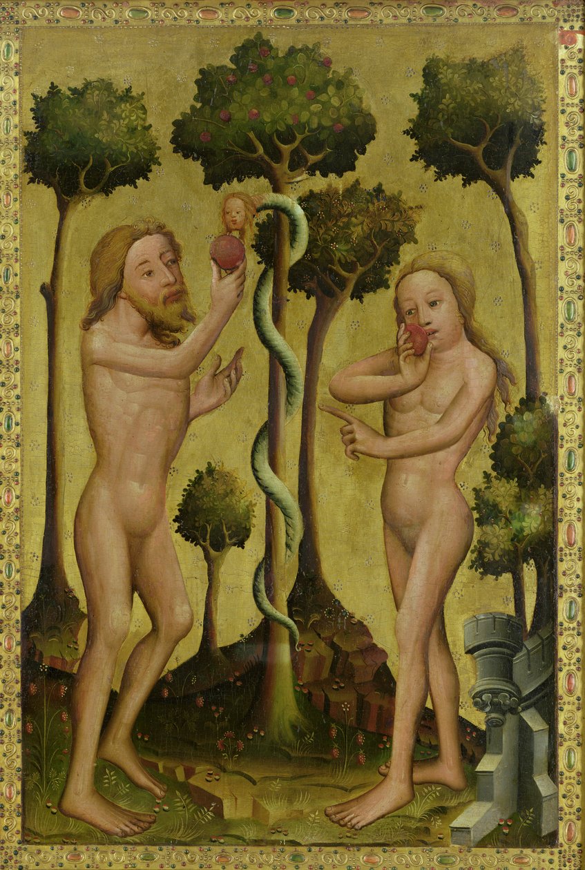Upadek, fragment z Ołtarza Grabowa, 1379-83 (tempera na desce) autorstwa Master Bertram of Minden