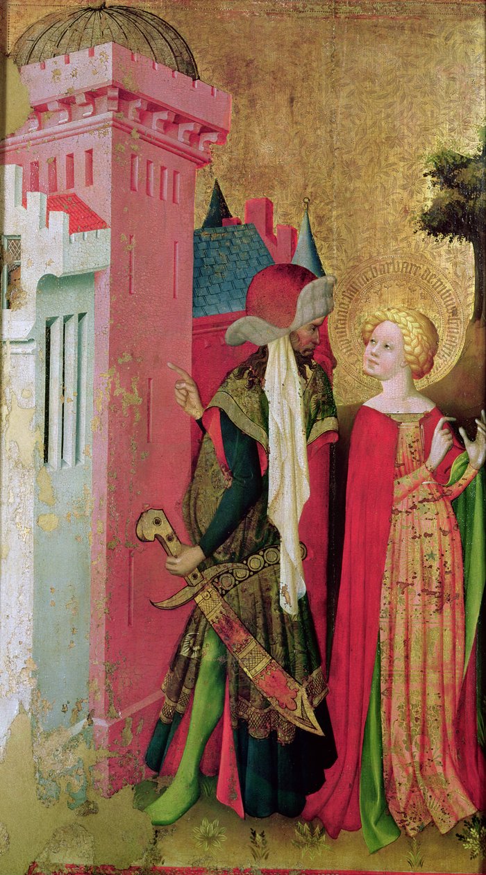 Św. Barbara zamknięta w wieży przez Ojca, z Ołtarza Św. Barbary (tempera i olej na desce) autorstwa Master Francke