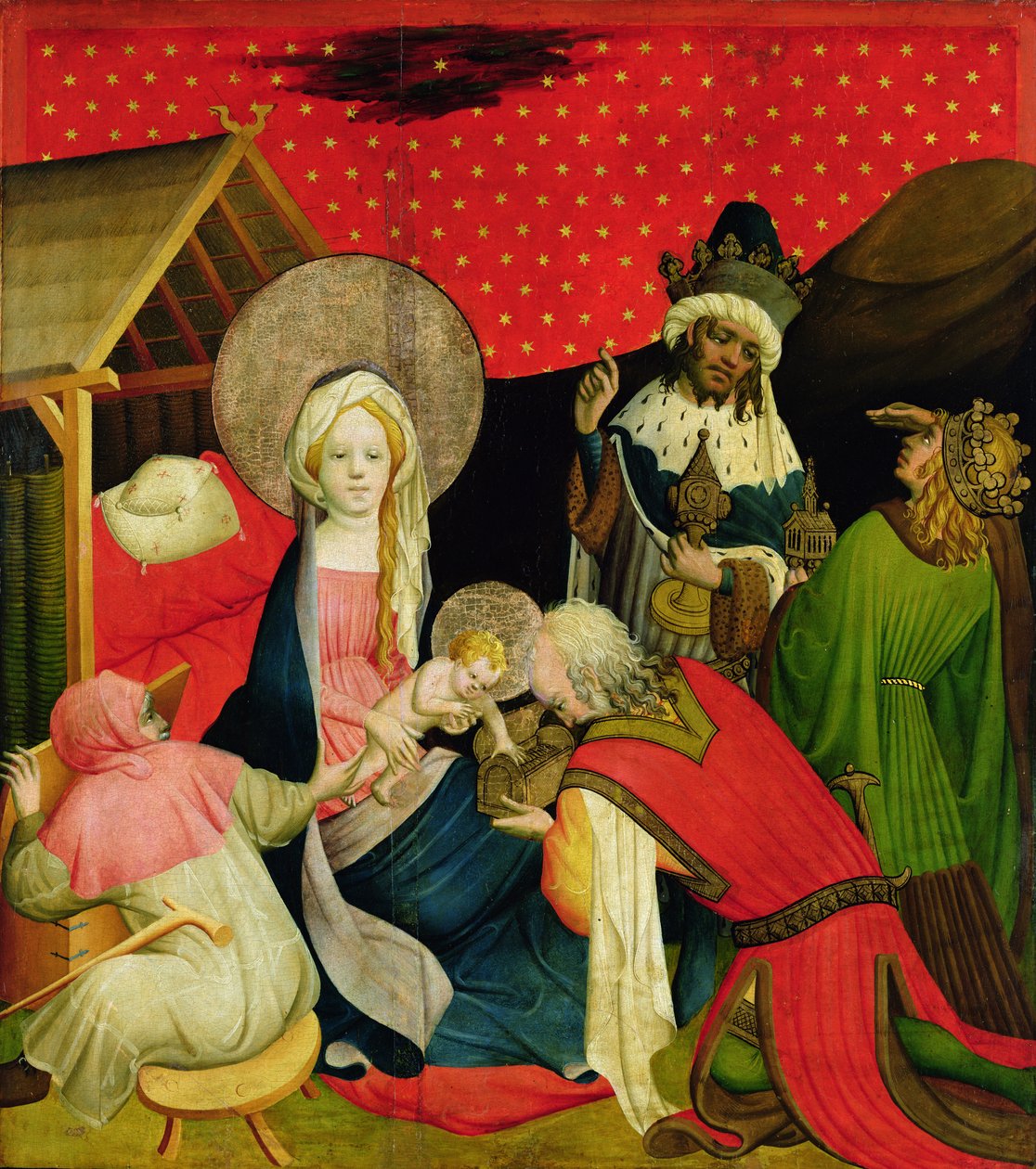 Adoracja Trzech Króli, tablica z ołtarza św. Tomasza z kościoła św. Jana w Hamburgu, początek 1424 (tempera i olej na tablicy) autorstwa Master Francke