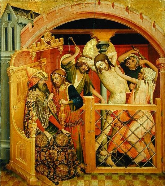 Biczowanie Chrystusa, deska z ołtarza św. Tomasza z kościoła św. Jana w Hamburgu, rozpoczęta w 1424 r. (tempera i olej na desce) autorstwa Master Francke Master Francke