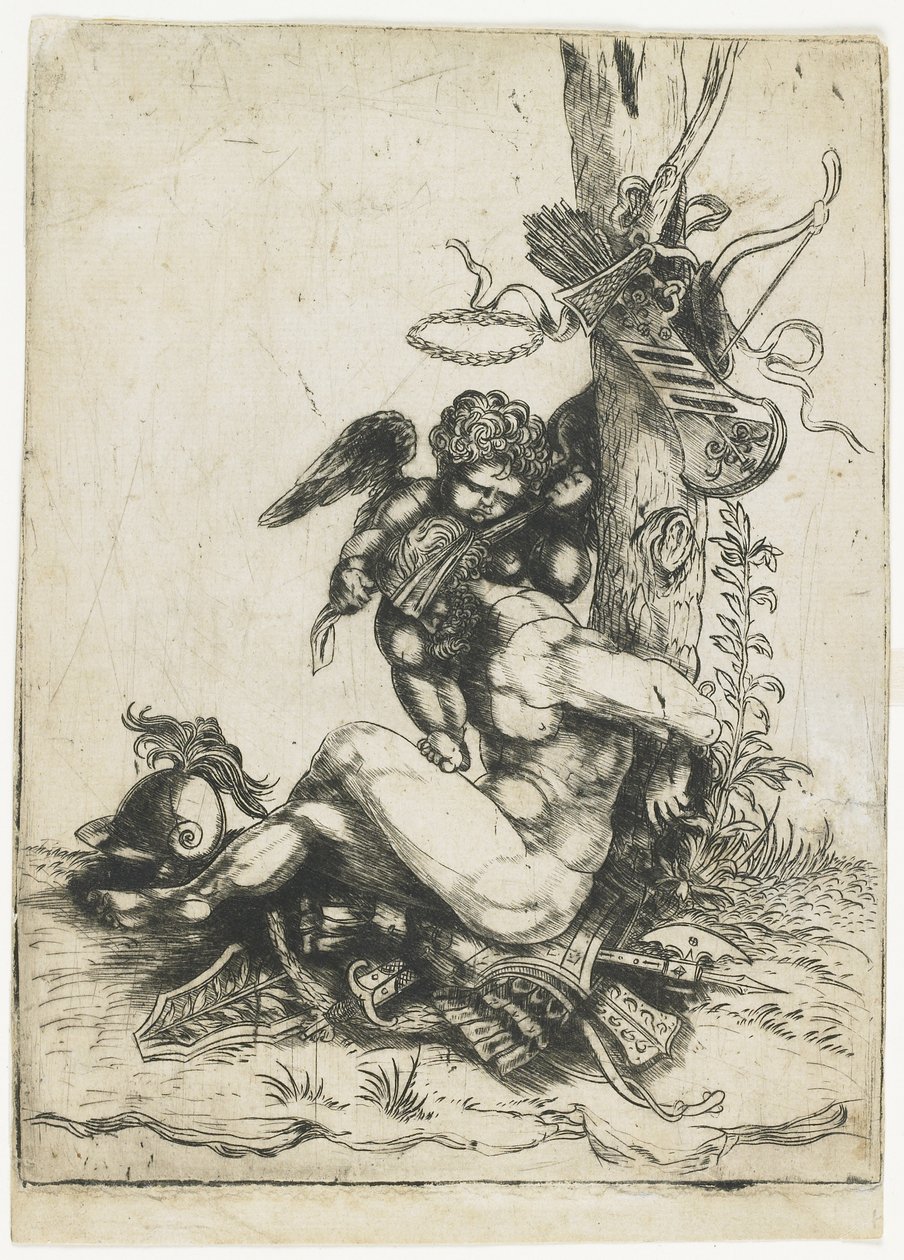 Mars związany przez Kupidyna, c.1515-1520 (sucha igła) autorstwa Master of 1515