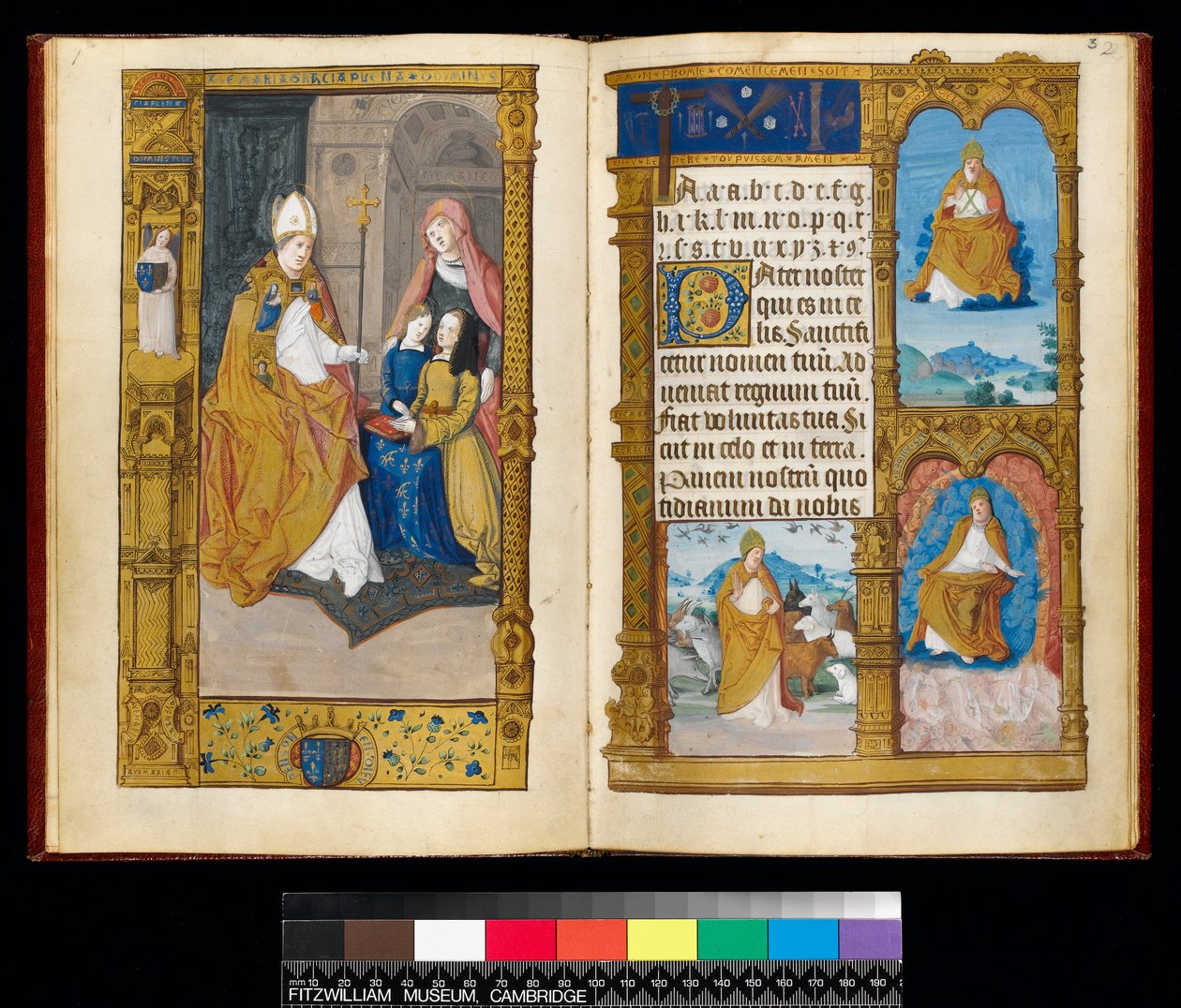 Ms 159, fol 2v i 3r Anna z Bretanii ofiarowana św. Klaudiuszowi, z "Elementarza Klaudiusza Francuskiego" (tusz i złoty atrament na pergaminie) autorstwa Master of Antoine de Roche