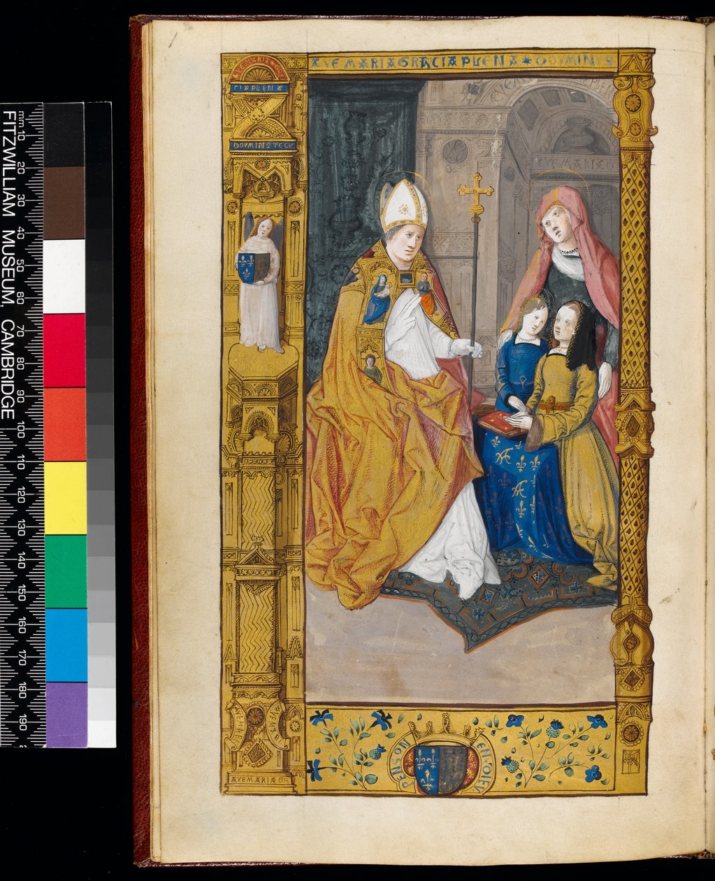 Ms 159, fol 2v Anna Bretańska ofiarowana św. Klaudiuszowi, z "Elementarza Klaudiusza Francuskiego" (tusz i złoty atrament na pergaminie). autorstwa Master of Antoine de Roche