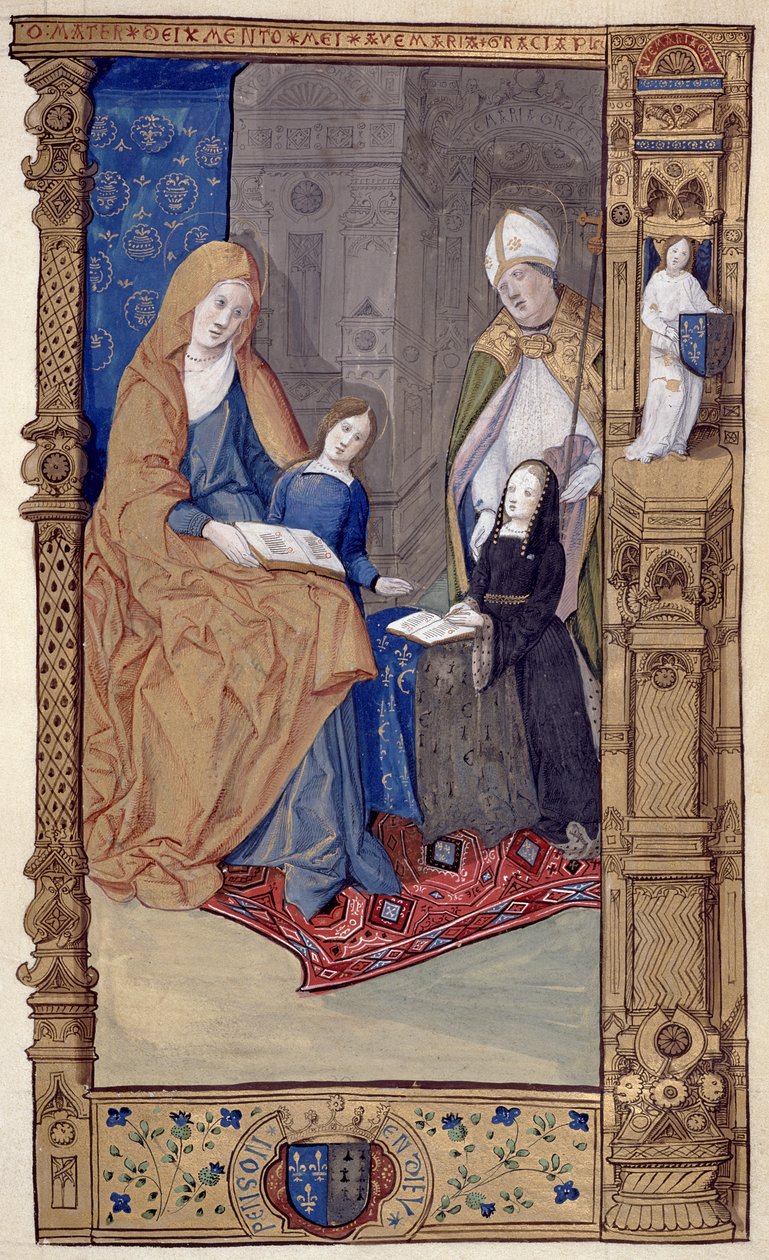 Ms.159.p14 Św. Claude przedstawia klęczącej dziewczynie św. Annie i Dziewicy, z Elementarza Claude de France, ok. 1500-10 (atrament i złoty atrament na pergaminie) autorstwa Master of Antoine de Roche