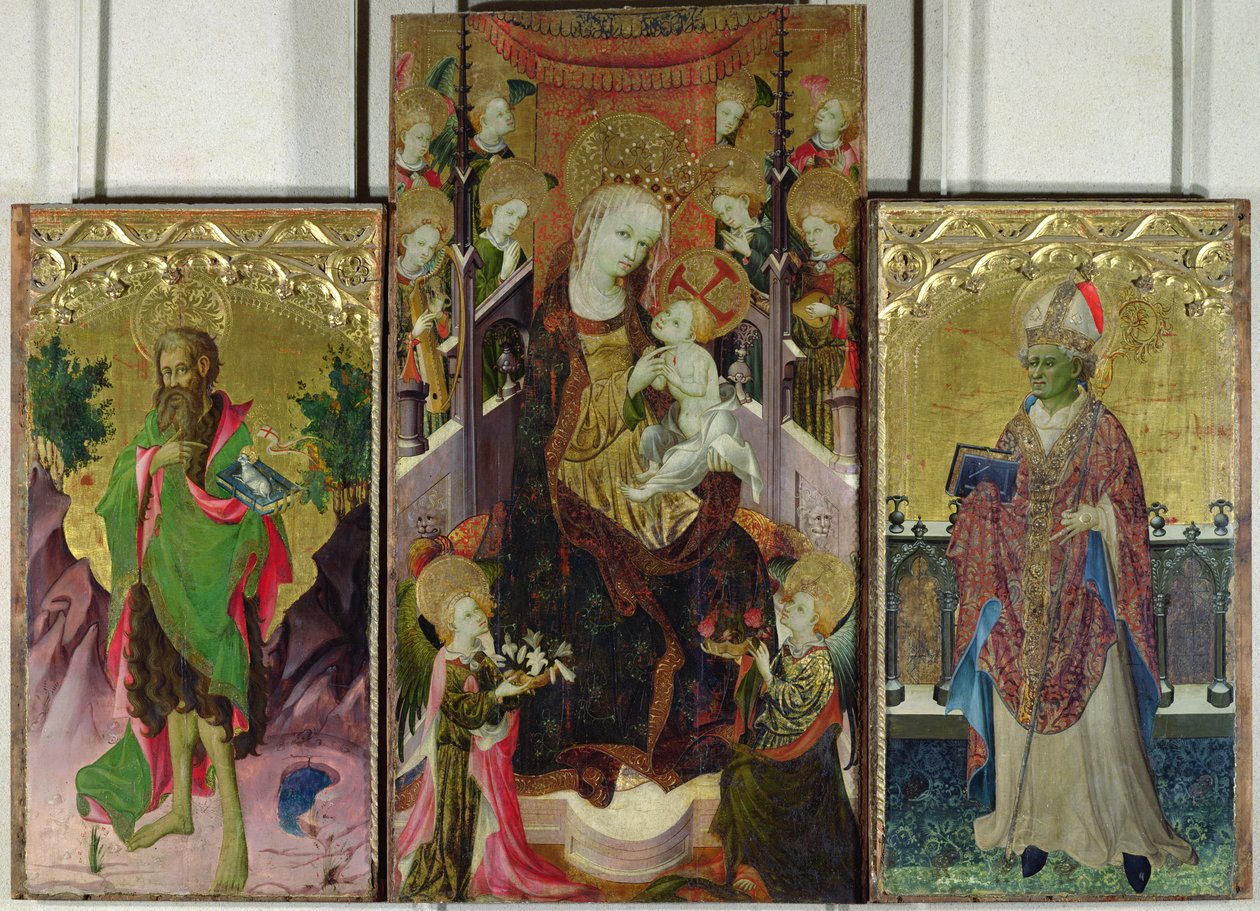 Madonna z Dzieciątkiem na tronie w otoczeniu aniołów ze św. Janem Chrzcicielem i św. Ambrożym, 1400-30 (szczegóły w 95111) autorstwa Master of Burgo de Osma