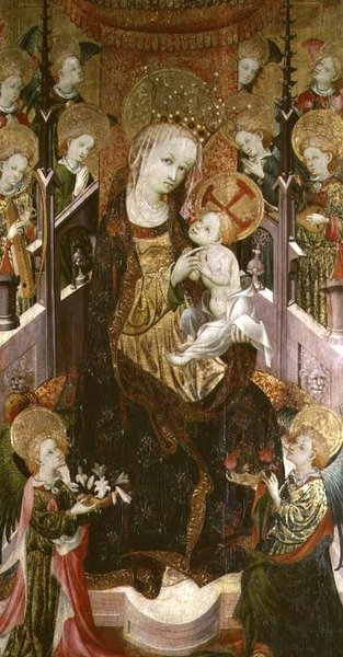 Madonna z Dzieciątkiem na tronie w otoczeniu aniołów, centralny panel tryptyku, 1400-30 (patrz także 232817) autorstwa Master of Burgo de Osma