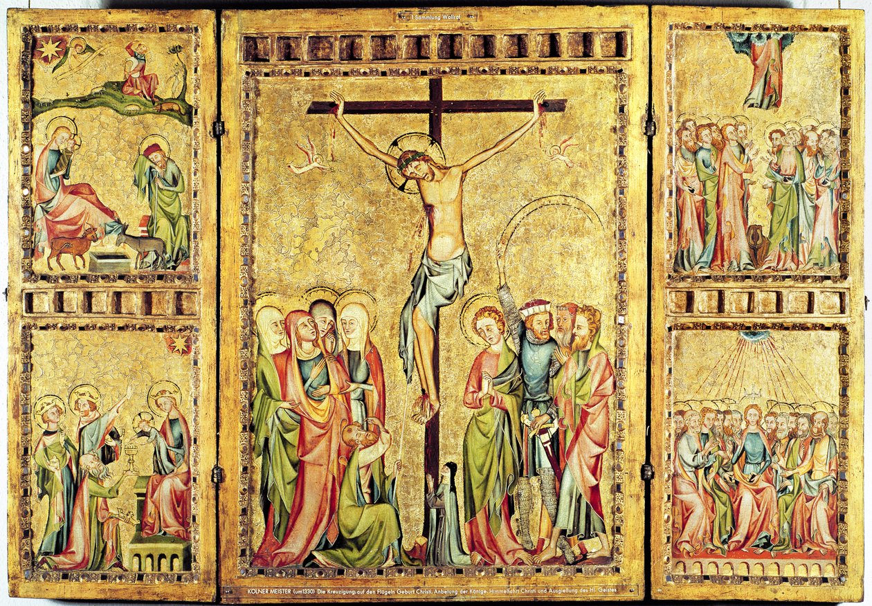 Ołtarz z Ukrzyżowaniem w panelu środkowym i scenami z życia Chrystusa na panelach bocznych, ok. 1330 (panel) autorstwa Master of Cologne