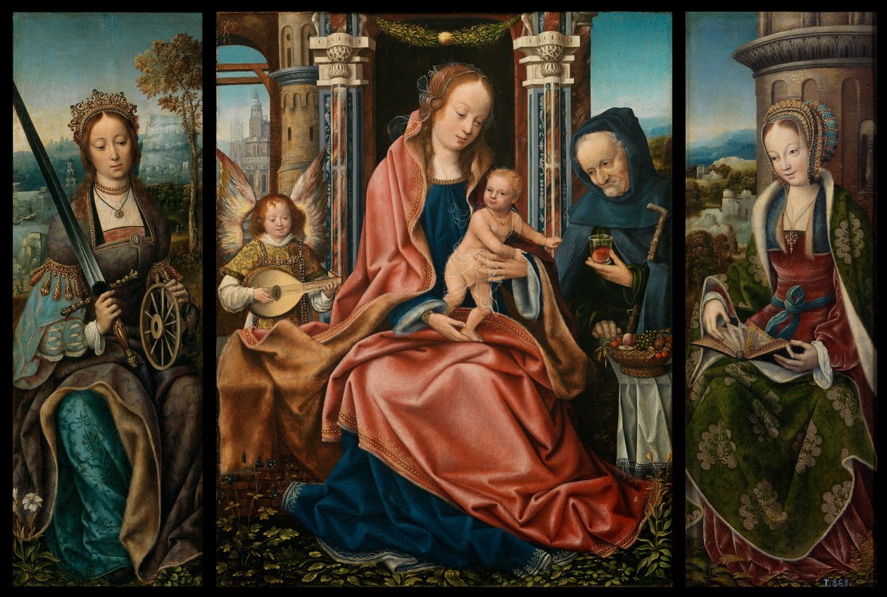 Święta Rodzina z Aniołem Muzykiem, Święta Katarzyna Aleksandryjska, Święta Barbara autorstwa Master of Frankfurt