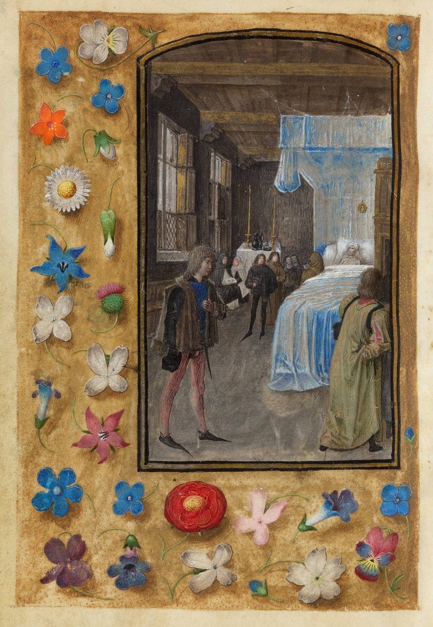 Umieranie w łóżku w Księdze godzin Williama Hastingsa autorstwa Master of Mary of Burgundy