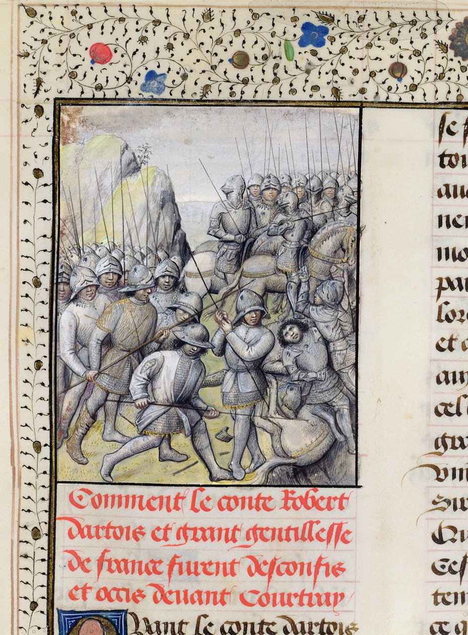 p. 659 f.137 r. Flamandowie pokonali armię francuską w bitwie pod Złotymi Ostrogami pod Courtrai w 1302, 1477 autorstwa Master of Mary of Burgundy