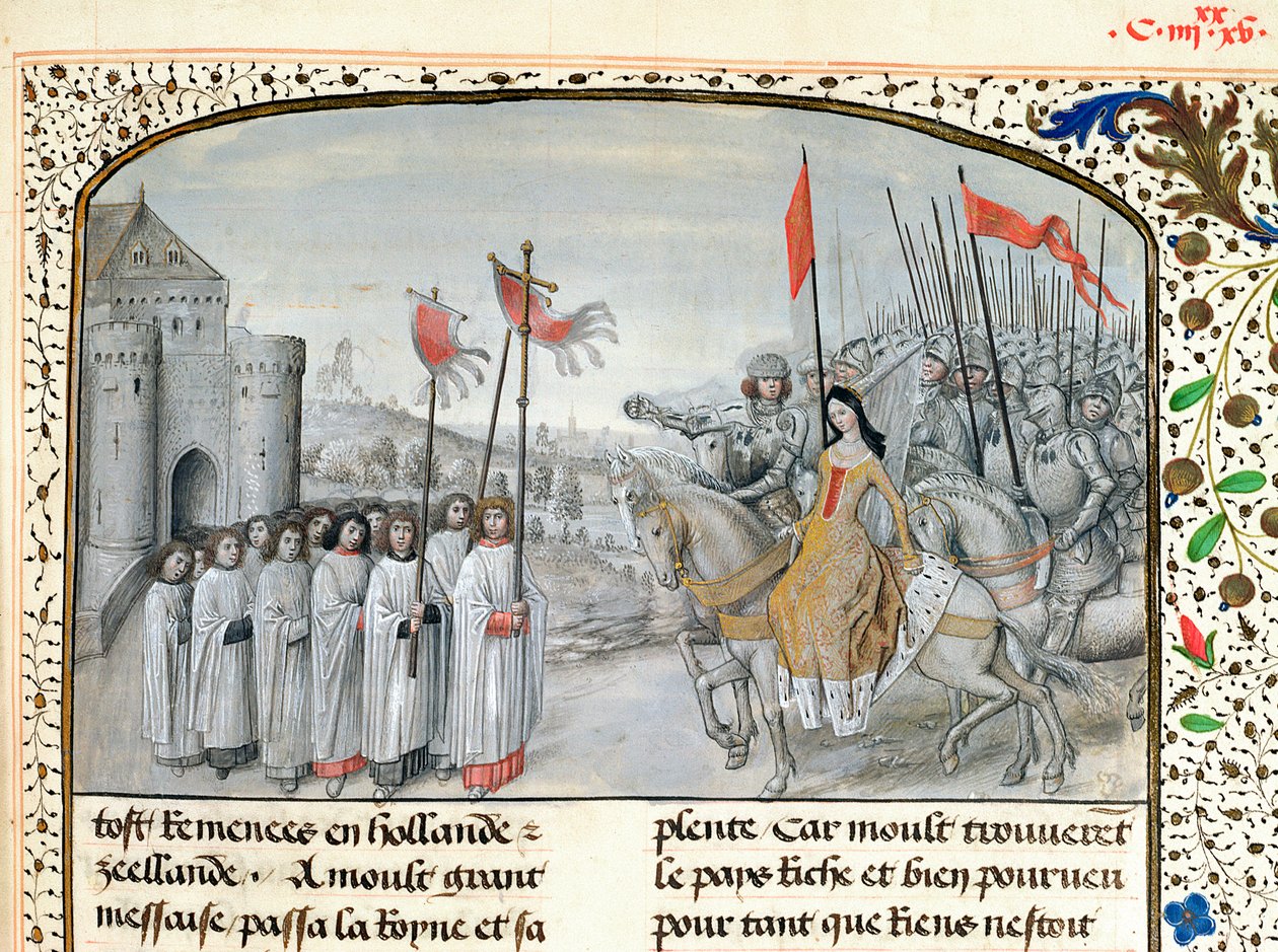 Ms 659 f.195. Królowa Francji Izabela (1292-1358) i jej syn Edward III (1312-77) są witani w Oksfordzie w 1326, 1477 r. autorstwa Master of Mary of Burgundy