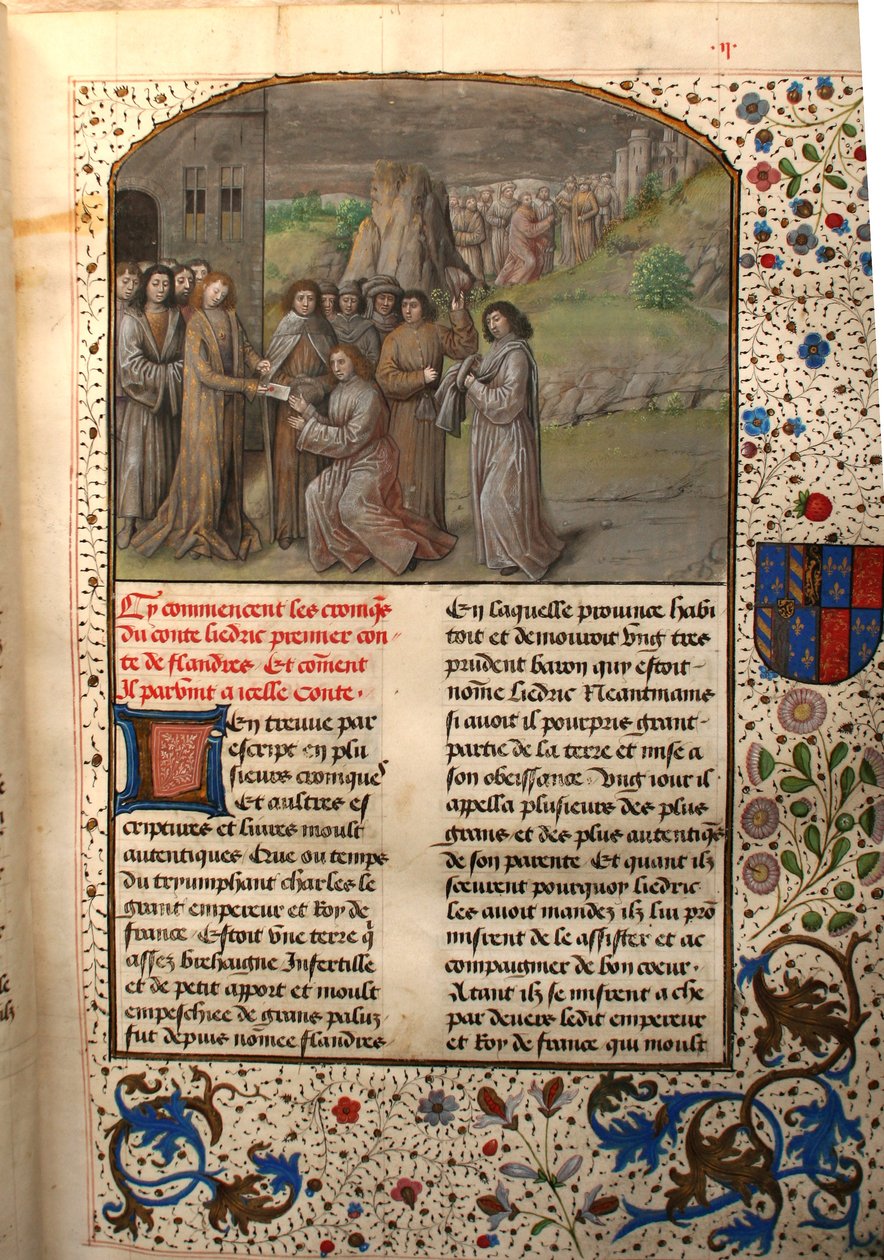 Ms 659 fol.2r Karol Wielki mianuje pierwszego hrabiego Flandrii, 1477 autorstwa Master of Mary of Burgundy