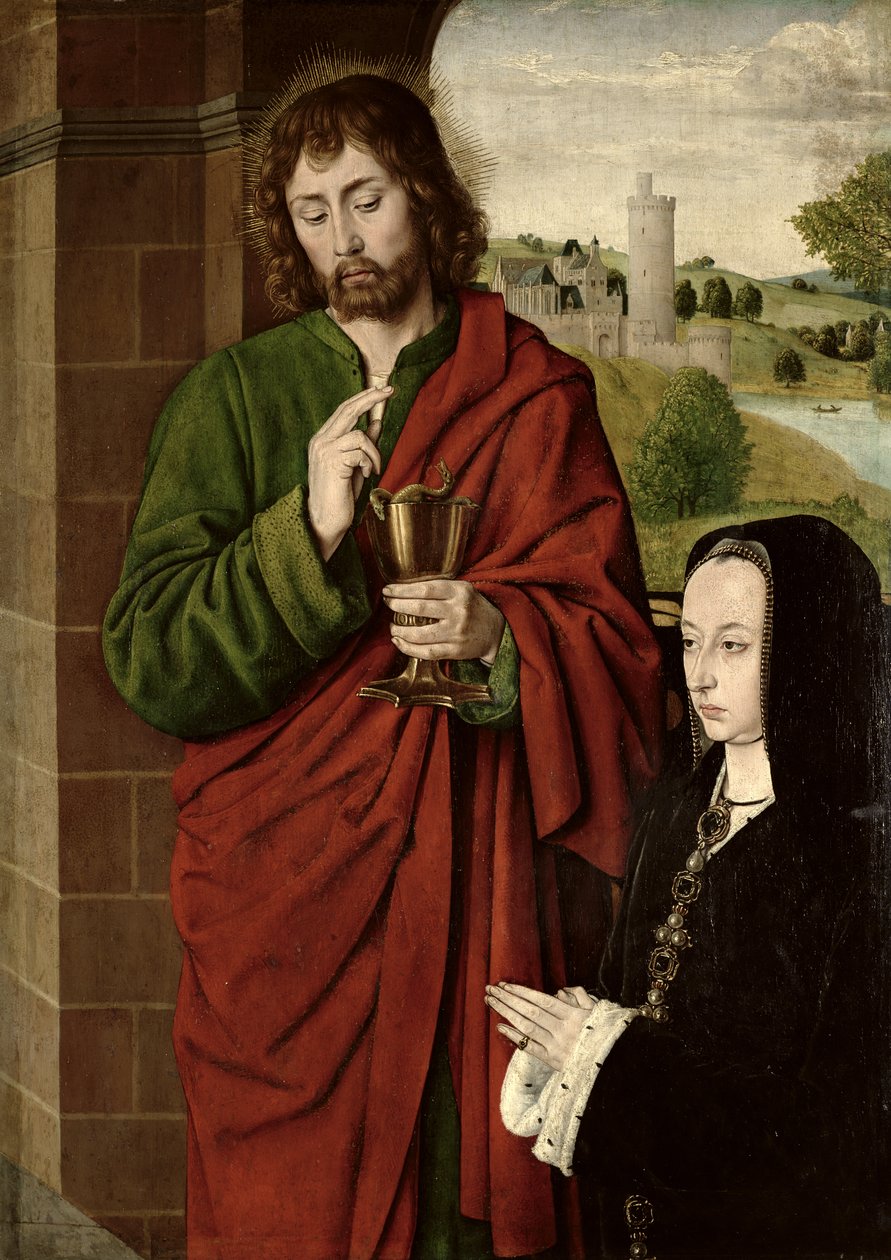 Anna Francuska (1462-1522) Pani de Beaujeu, księżna Burbon, podarowana przez św. Jana Ewangelistę, prawe skrzydło tryptyku, ok.1492-93 (panel na panelu) autorstwa Master of Moulins
