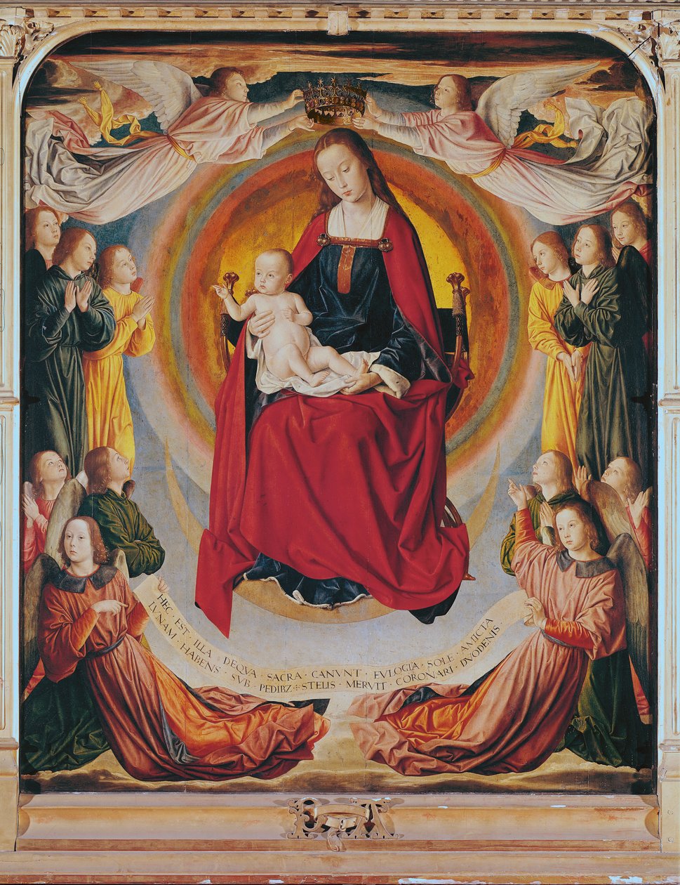 Koronacja Dziewicy, środkowy panel z Ołtarza Burbonów, ok. 1498 autorstwa Master of Moulins