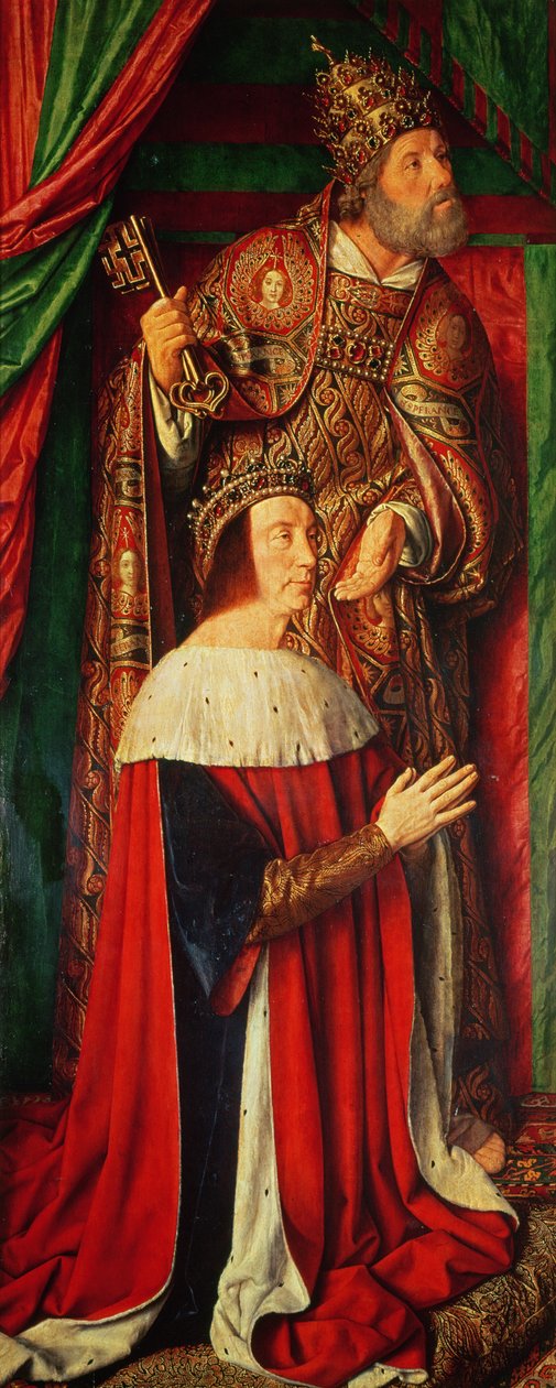 Piotr II de Beaujeu z Burbonów ze św. Piotrem, lewe skrzydło Ołtarza Burbonów autorstwa Master of Moulins