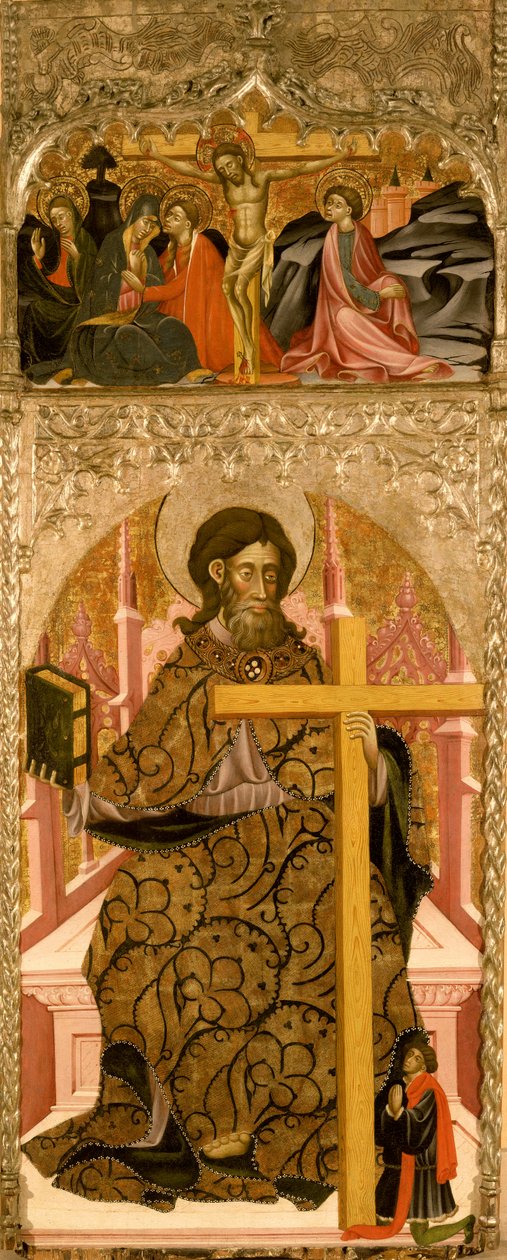 Św. Filip i ofiarodawca zwieńczony Ukrzyżowaniem (olej und tempera na panelu) autorstwa Master of Retascón