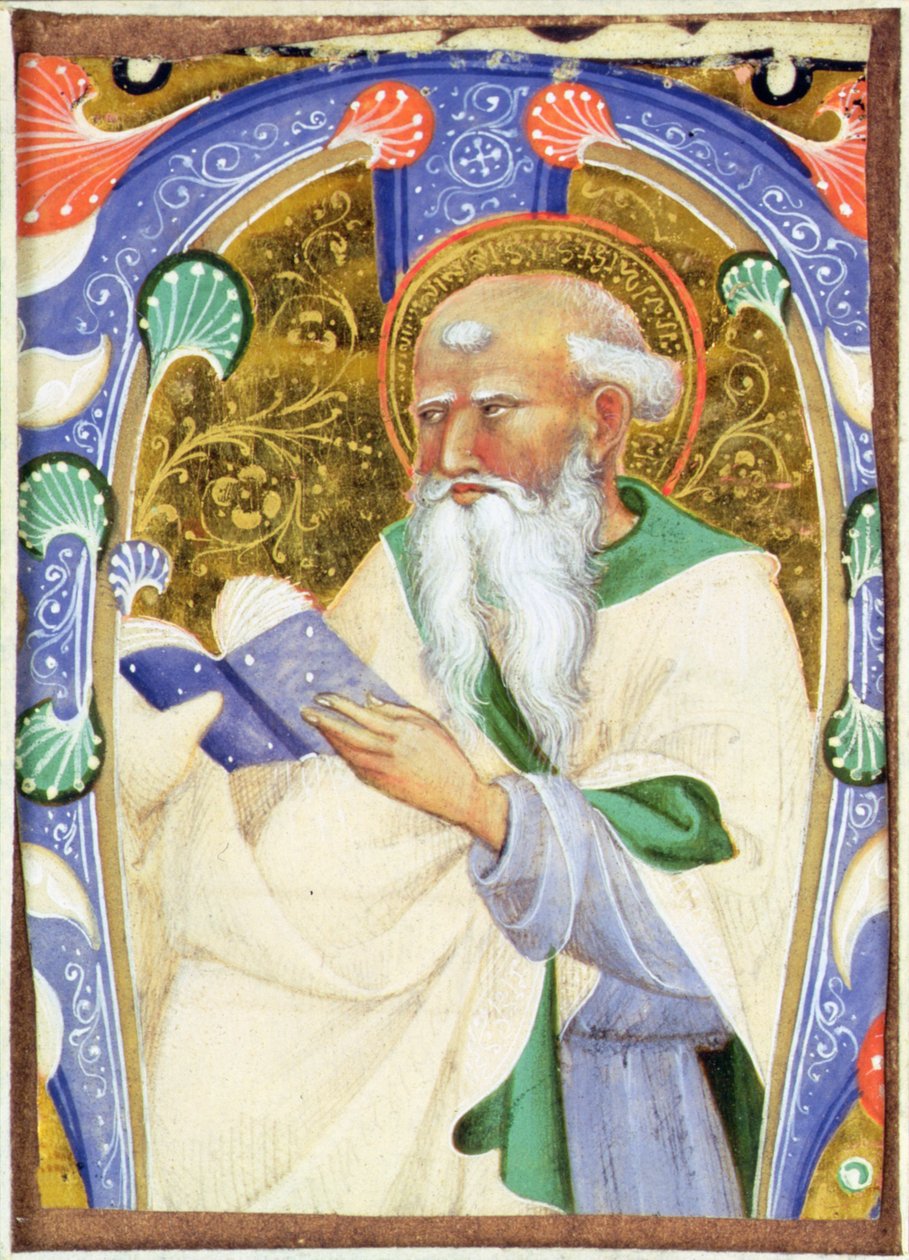 Historyczny inicjał M przedstawiający brodatego świętego z książką autorstwa Master of San Michele of Murano