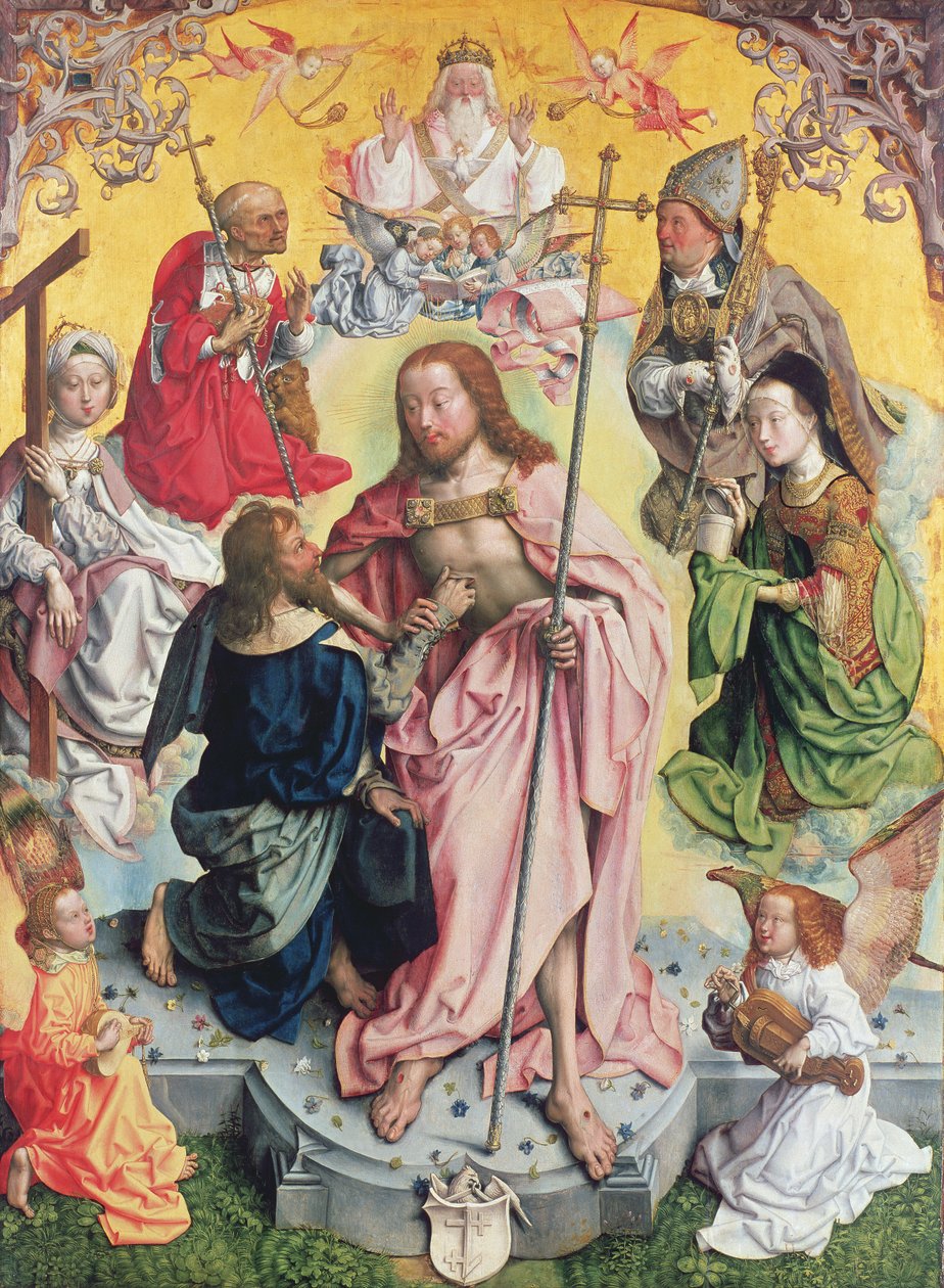 Centralny panel z ołtarza św. Tomasza, 1501, Chrystus i św. Tomasz w otoczeniu św. Heleny, Marii Magdaleny, św. Hieronima i św. Ambrożego autorstwa Master of St. Bartholemew